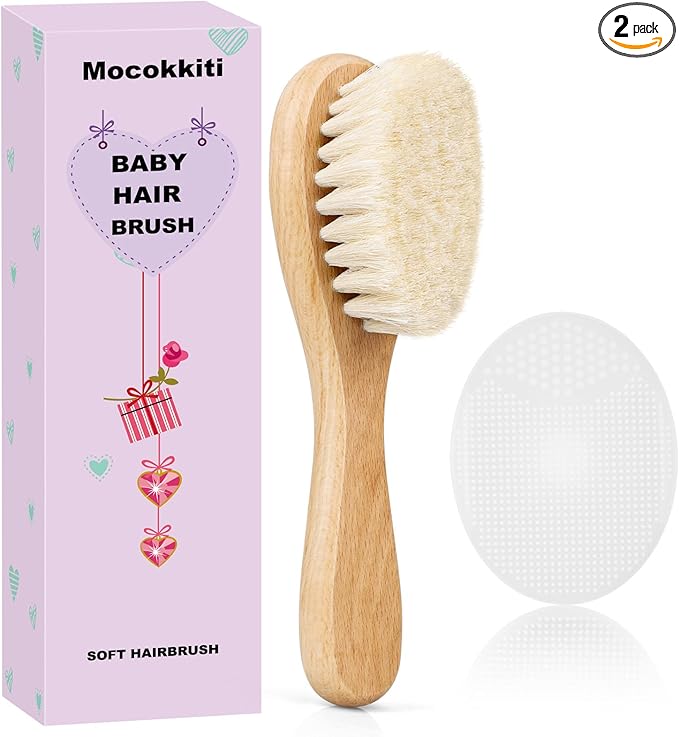 Baby Hair Brush and White Cradle Cap Brush Set for Newborns and Toddlers, Wooden Baby Hair Brush Set with Soft Goat Bristle, Baby Hair Care Kit (2PCS)