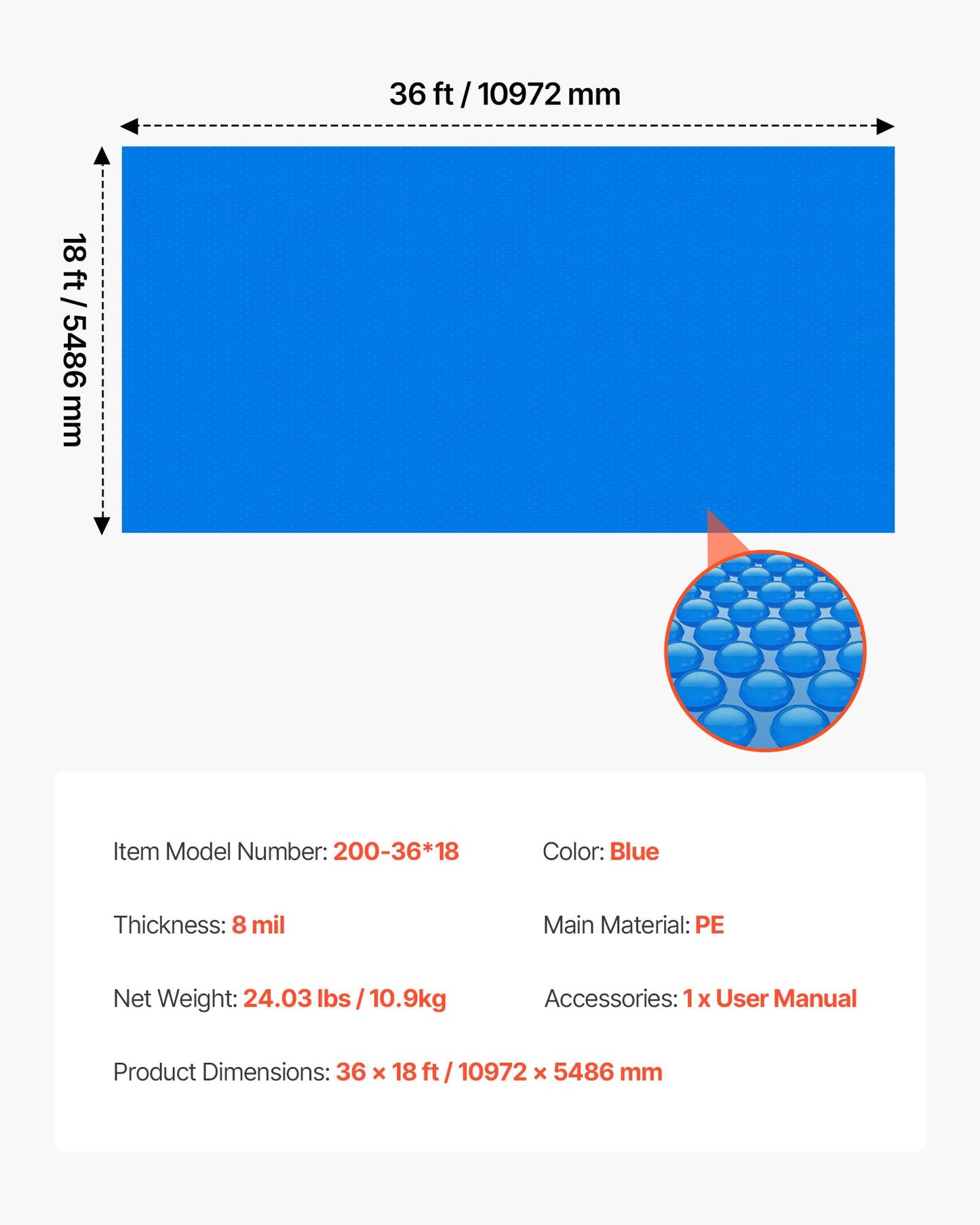 VEVOR Solar Pool Cover, 36 x 18 ft Rectangle Pool Bubble Cover, 8 Mil Pools Solar Blanket with Bubble & PE Material, Daytime Heat Absorption, Nighttime Heat Retention, Heat Retaining Solars Covers