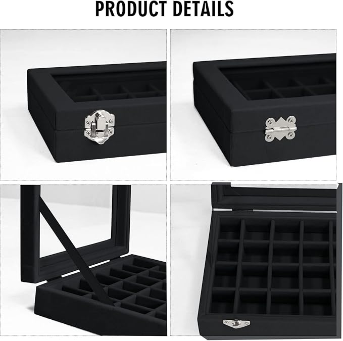 Velvet Jewelry Box 24 Grid Jewelry Ring Display Organiser Box Tray Holder Earrings Storage Case for Girls Wife Mom Women (Black)