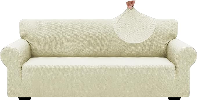 ZNSAYOTX 1 Piece Jacquard Couch Covers for 3 Cushion Couch Living Room High Stretch Sofa Cover Pets Dogs Friendly Anti Slip Thickened Slipcovers Furniture Protector (Large,New Pattern Light Beige)