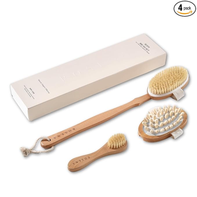 Dry Brushing Body Brush Set Ã¢ÂÂ Natural Bristle Spa Exfoliator Kit with Face Cleansing Brush, Long Dry Brushing Body Brush for Lymphatic Drainage & Massaging Cellulite Brush for Smooth, Radiant Skin