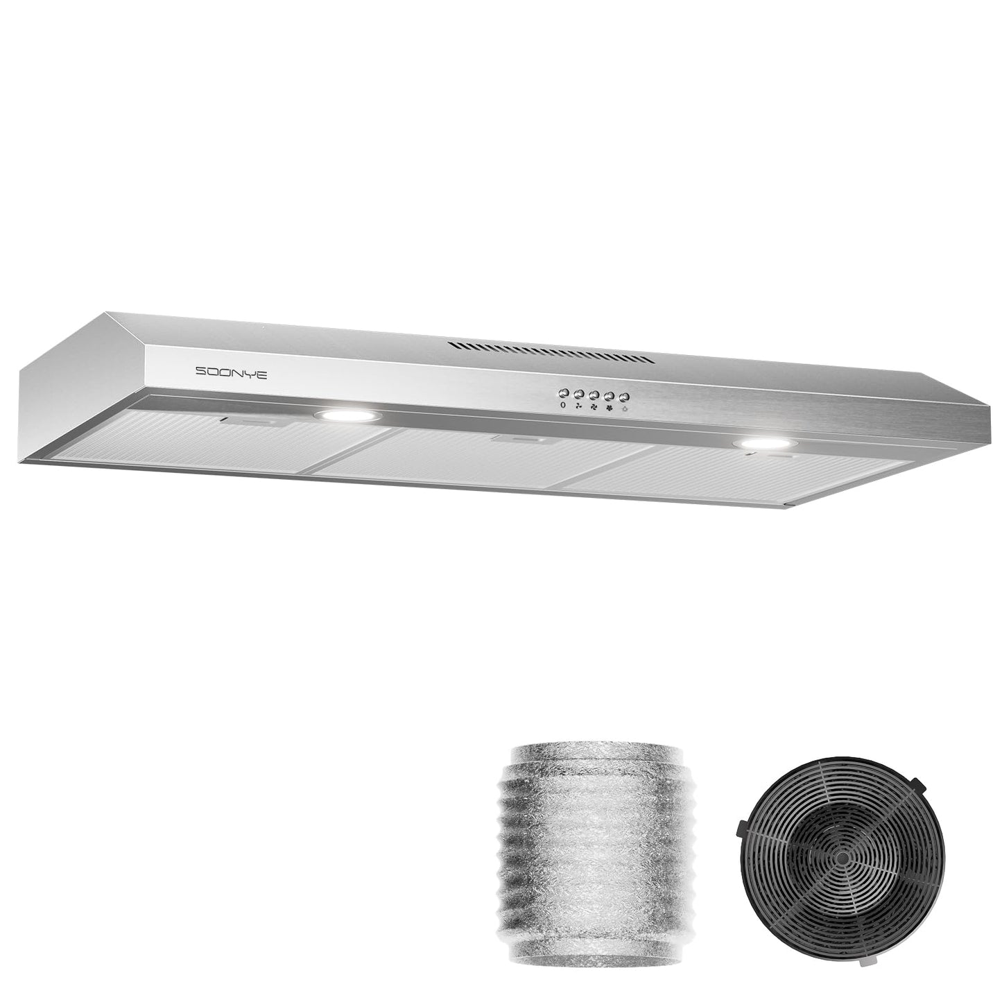 Soonye Under Cabinet Range Hood 36 inch, 250 CFM Exhaust Fan with 3-Speed Control, Stainless Steel, 5-Layers Reusable Aluminum Filter, Convertible Ducted/Ductless, LED Lights and Carbon Filters