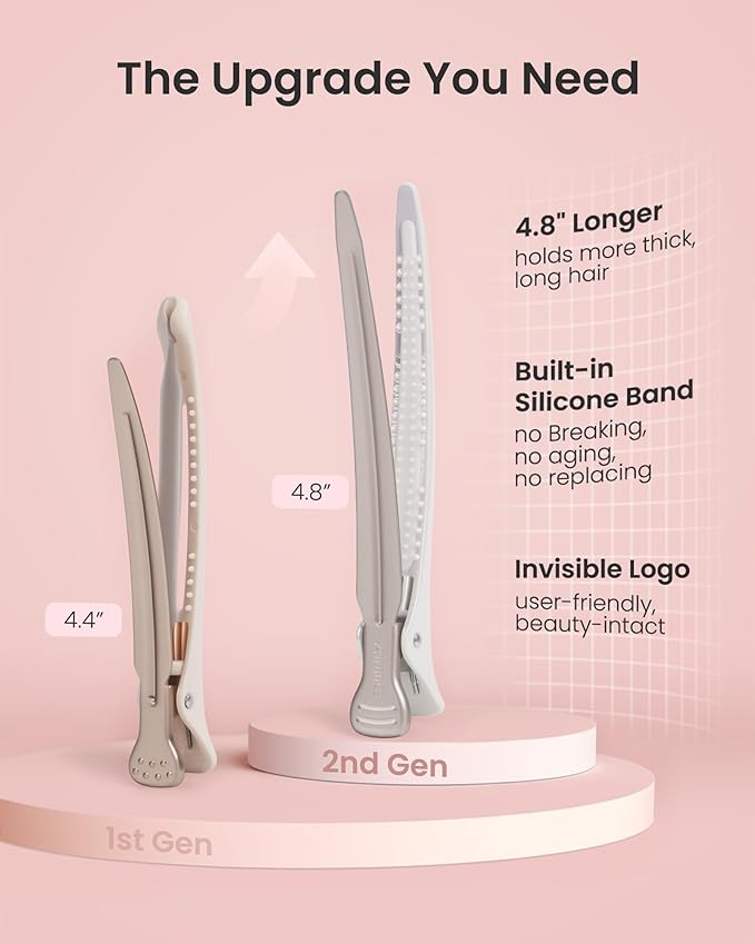 AIMIKE Extended Sectioning Hair Clips w/Built-in Silicone Band, 4.8" No-Crease Non-Slip Hair Styling Clips for Thick, Long Hair – Blow Drying,Hair Rollers, Rust-Free –6 Pack, OpalShell Duckbill Clips