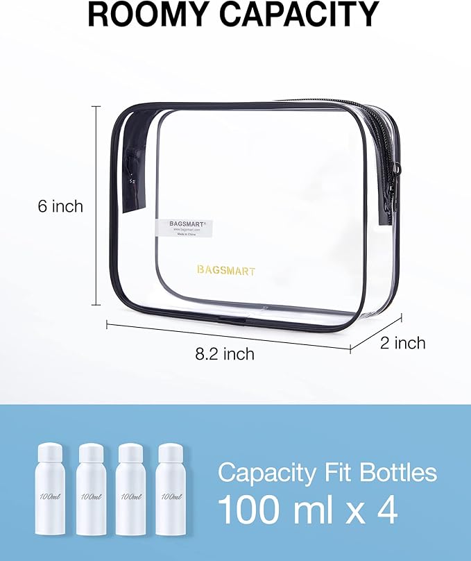 BAGSMART Clear Toiletry Bag, 2 Pack TSA Approved Travel Toiletry Bag Carry on Travel Accessories Bag Airport Airline Quart Size Bags Water Repellent Makeup Cosmetic Bag for Women (Black-2pcs)