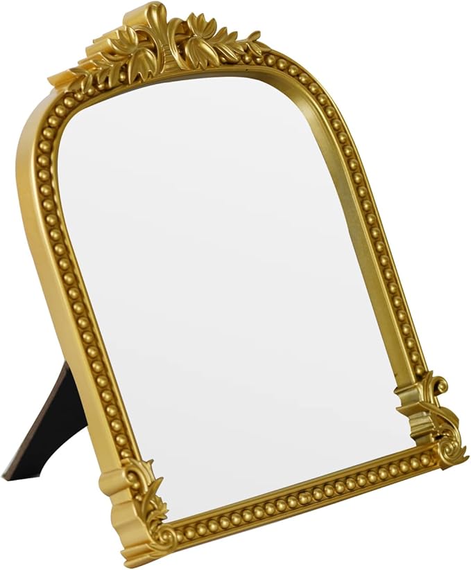 Gold Plastic Arched Makeup Mirror, Standing, Hanging or Wall Mount, Bathroom, Living Room, Bedroom Gold Decorative Mirror (10.6x8.6 inch)