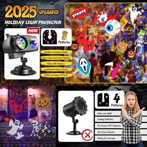 Halloween Christmas Projector Lights Outdoor with 20 Slides/160 Patterns/10 Ocean Wave Effects, Holiday Projection Lights Indoor with Remote & Timer, Waterproof Christmas Light Projector Decorations