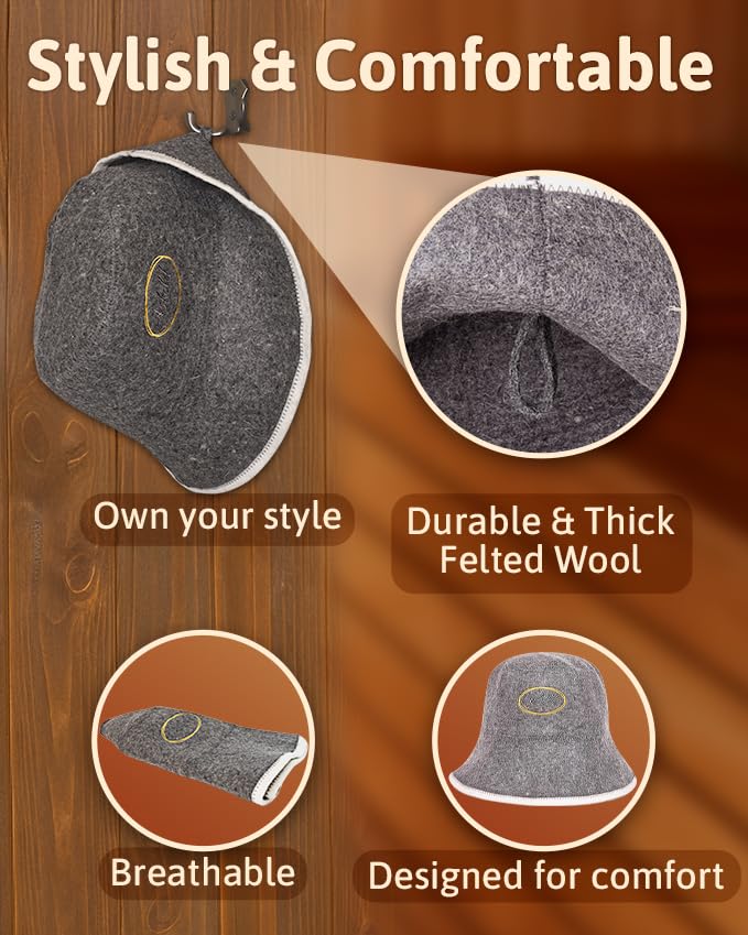 ASKOLD Sauna Hat for Women and Men - Natural Wool Sauna Bucket Cap to Protect Hair, Finnish Felt - Eco-Friendly Banya Hat Sauna Accessories (Gray)