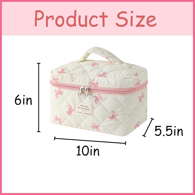 uekeboag Large Travel Quilted Makeup Bag for Women, Floral Cotton Cosmetic Bag, Coquette Aesthetic Floral Toiletry Organizer Bag