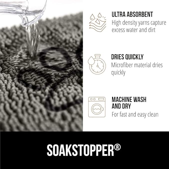 GORILLA GRIP SoakSTOPPER Dog Door Mat, 30x20 Machine Washable Rug Absorbent Doormat Captures Moisture Mud Dirt, Quick Dry Soft Chenille Entryway Rugs Indoor Entrance Mats for Dog Paws, Paw Grey