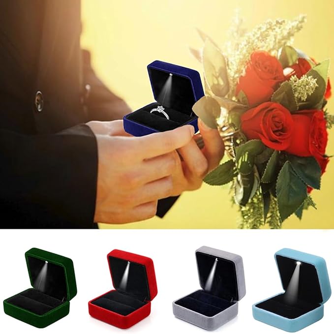 GBYAN Single Slot Velvet Ring Box for Engagement or Wedding with LED Light - Blue