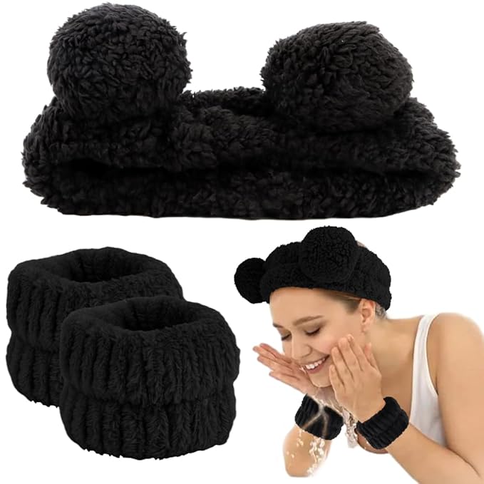 AHONEY Spa Bear Ears Headband, Face Wash Headband and Wristband Set, Cute Makeup Skincare Headbands Wrist Bands for Washing Face Elastic Fluffy Headband for Women Girls Cosmetic (Black)
