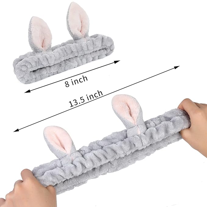 4 Pack Elastic Makeup Headbands for Women, Girls' Soft Flannel Bunny Ears Headbands Head Wraps, SPA Headband Hair Band for Washing Face