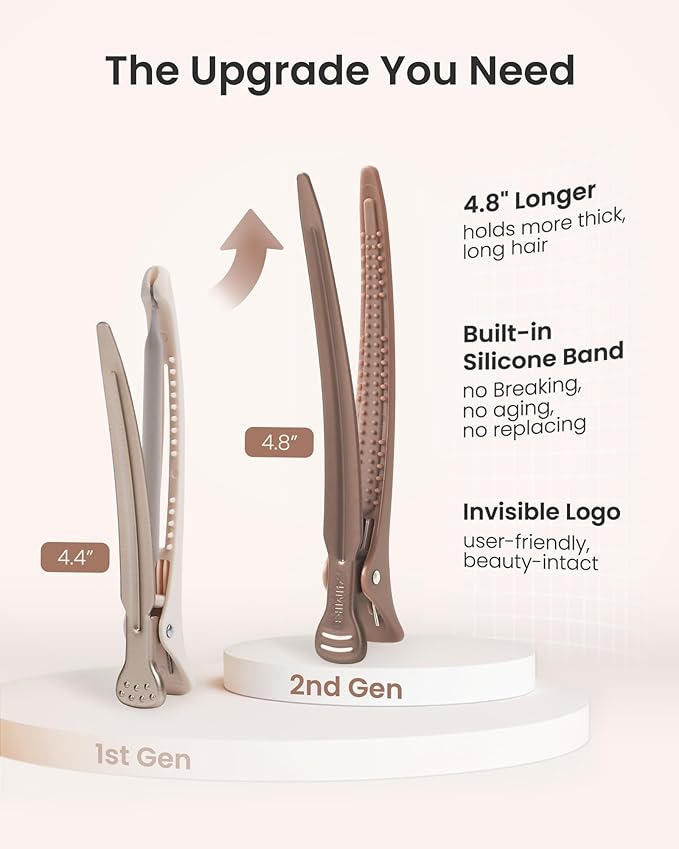 AIMIKE Extended Sectioning Hair Clips w/Built-in Silicone Band, 4.8" No-Crease Non-Slip Hair Styling Clips for Thick, Long Hair – Blow Drying,Hair Rollers, Rust-Free –6 Pack, Mocha Mousse