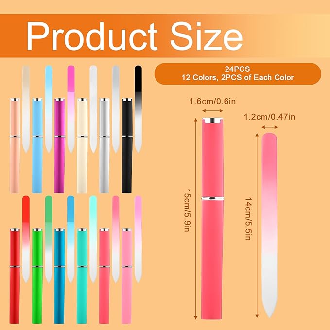 24 Pcs Crystal Glass Nail File with Case, Double Sided Nail Files for Natural Nails, Professional Fingernail Files Set for Women Manicure Gifts Natural and Acrylic Nail Care