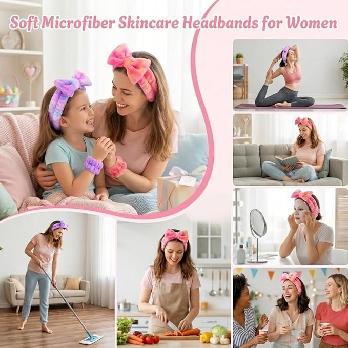 8 Pcs Spa Headband and Wristbands Set for Washing Face, Soft Face Wash Headbands Wrist Bands for Women with Scrunchies, Absorbent Wrist Towels, Makeup Hairband for Skincare, Yoga, and Teen Girls Gifts