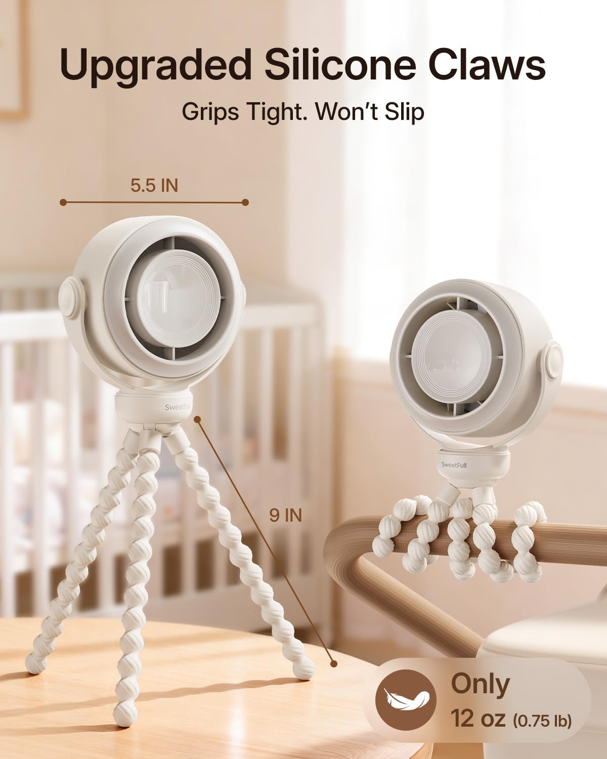 SWEETFULL Portable Stroller Fan, Pinch-Proof Baby Fan, 10H Battery, 5-Speed Quiet Mini Clip on Fan, USB-C Rechargeable with LED Display for Car Seat, Crib & Travel - Cream