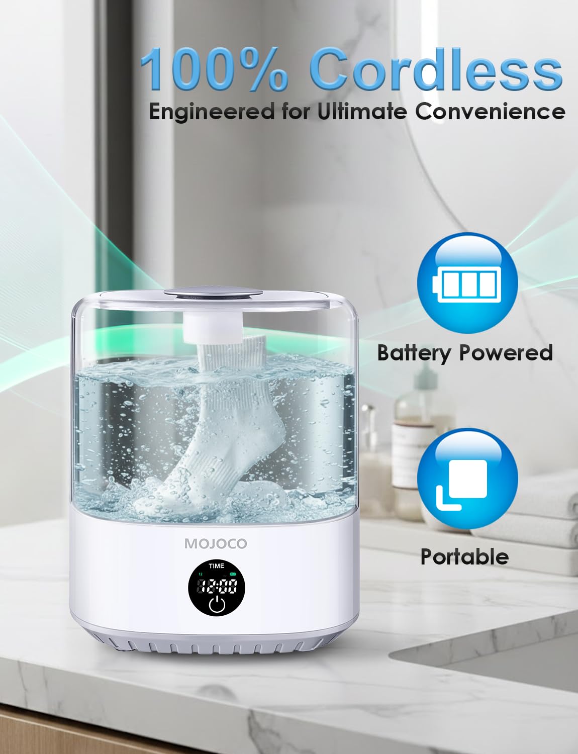 MOJOCO Mini Washing Machine - 3L Small Portable Washing Machine with 3 Wash Modes for Underwear, Socks & Baby Clothes - Rechargeable Countertop Mini Washer for Dorms, Hotels, Travel & Camping