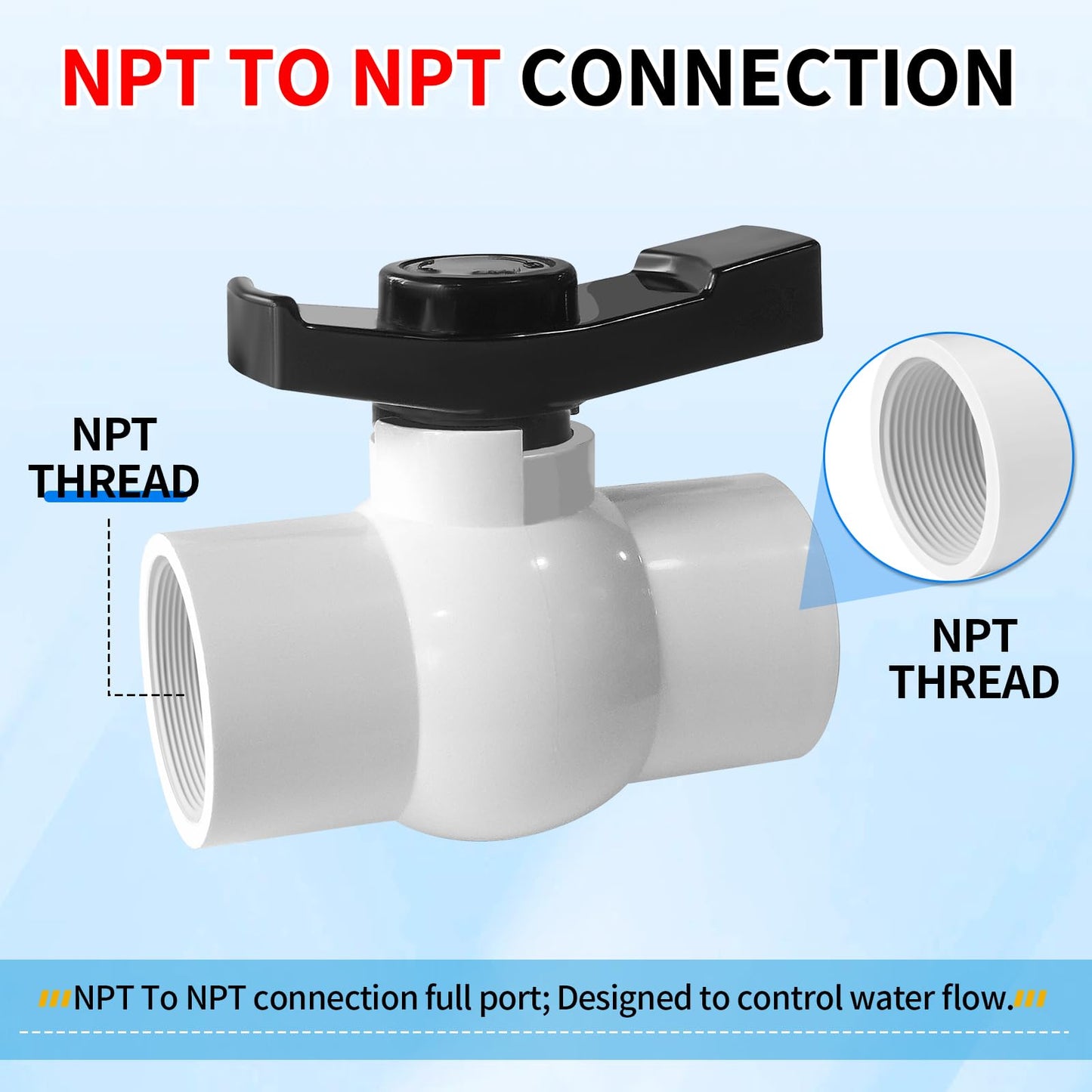 Boltigen 2Pack 1-1/2 inch NPT PVC Ball Valves, 1.5''Double Female NPT Threaded PVC Shut Off Valve with Full Flow Port, SCH40 Plastic Water Control Valve, for Swimming Pool, Irrigation, Sewage Pipes