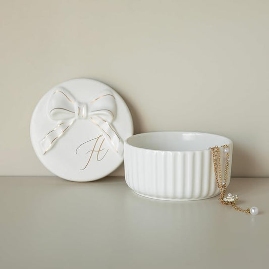 COLLECTIVE HOME - Monogram Jewelry Box with Bow, Christmas Gift Ideas for Women, Small Gift for Girlfriend Wife, Ring Holder, Earrings Dish, Birthday Gift for Her (H)