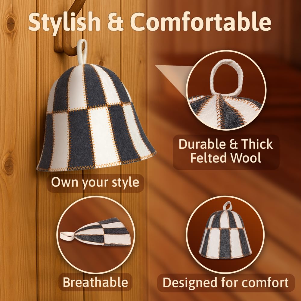 ASKOLD Wool Sauna Hat Checkered - Wool Banya Hat Sauna Cap for Men - Sauna Cap for Women to Protect Hair Grey and White