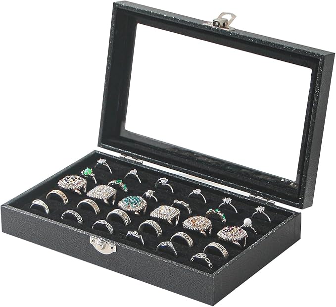 Ring Organizer Box for Jewelry,Rings Cufflinks Storage Case,Small Jewelry Box for Travel, Pretty Gifts for Girls,Black (30 Slots)