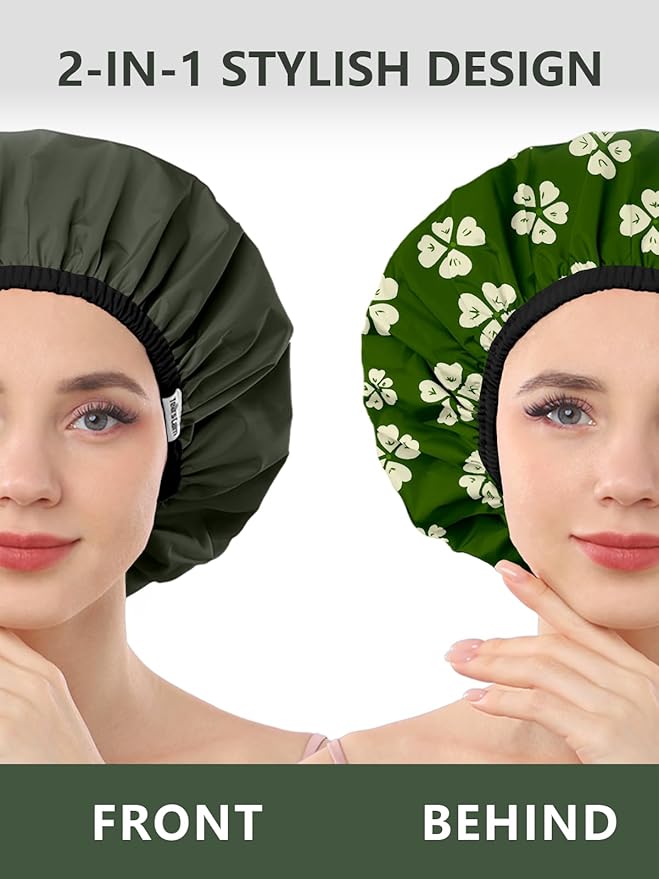 Years calm Shower Caps for Women Reusable Waterproof, Double Layer Waterproof Fabric - Both Sides Usable, Reversible Pattern & Solid Color Design, Soft Elastic Keeps Hair Dry for shower Spa Travel