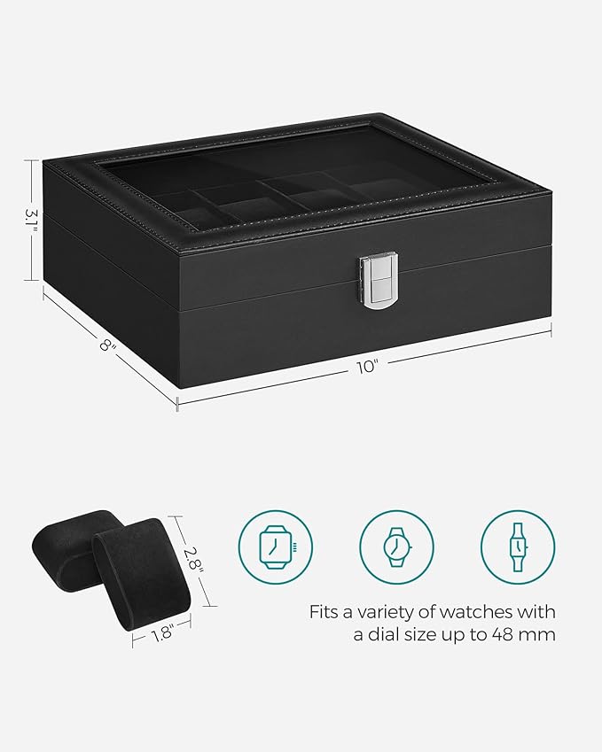 SONGMICS Watch Box, 10-Slot Watch Case Organizer with Large Glass Lid, Removable Pillows, Gift for Loved Ones, Black Synthetic Leather, Black Lining UJWB010B02