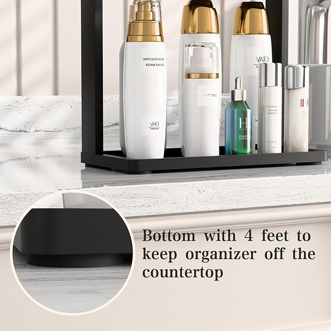 PEKER Bamboo Bathroom Organizer Countertop Ã¢ÂÂ Small Vanity Storage Shelf for Makeup, Perfume, Skincare Ã¢ÂÂ Natural Cosmetics Display Rack for Dresser, Sink, Kitchen Ã¢ÂÂBlack