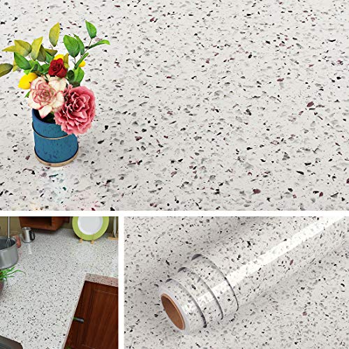 Livelynine Terrazzo Contact Paper White Granite Countertop Wallpaper Waterproof Peel and Stick Countertops for Kitchen Bathroom Counter Top Covers Desk Table Sticker Cabinet Covering 15.8x78.8 Inch