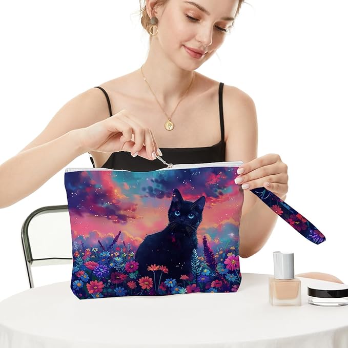 Fokongna Black Cat Print Wet Bag, Small Portable Waterproof Multi-Functional Organizer for Women, Ideal for Daily, Beach & Travel
