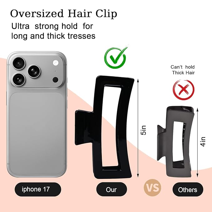 5 Inch XL Jumbo Claw Clips for Thick and Long Hair, 4-Pack Oversized Glossy Rectangle Hair Clips for Women, Strong Hold Non-Slip Jaw Clips, Black