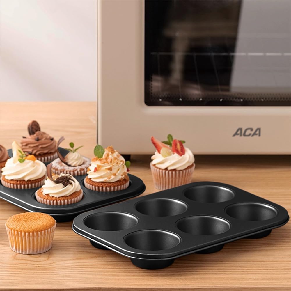 ASBAYSON 6 Packs Premium Steel Muffin Pan for Baking, Round Muffin Baking Pan, Baking Tray for Muffins, Cupcakes, Brownie(Black