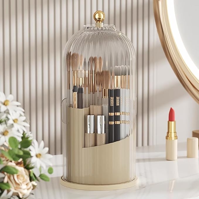Toothbrush storage rack 360 Rotating Beauty Brushes Storage, Makeup Brush Holder with Lid, Waterproof Dustproof Bathroom toothbrush storage box (Transparent)