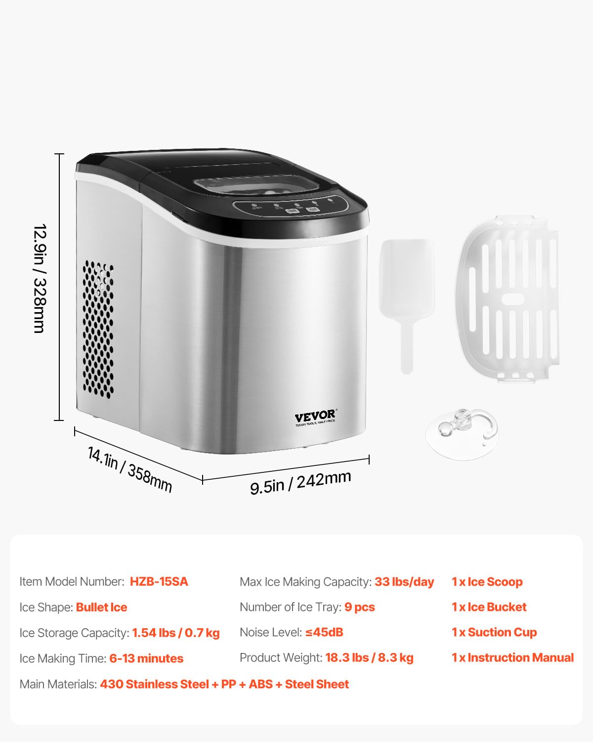VEVOR Countertop Ice Maker, 9 Cubes Ready in 6 Mins, 33lbs in 24Hrs, Self-Cleaning Portable Ice Maker with Ice Scoop and Basket, Ice Machine with 2 Sizes Bullet Ice for Home Kitchen Office Bar Party
