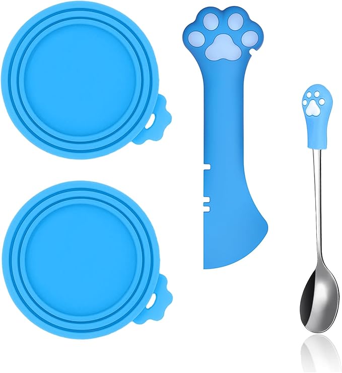 SJANE Cat Food Can Spoons & Can Lids | 4 Pcs | Colorful Multi-Function Cute Paw Shape Opener | Universal Silicone Pet Food Covers | Stainless Steel Wet Food Spatula for Kittens and Dogs(Blue)