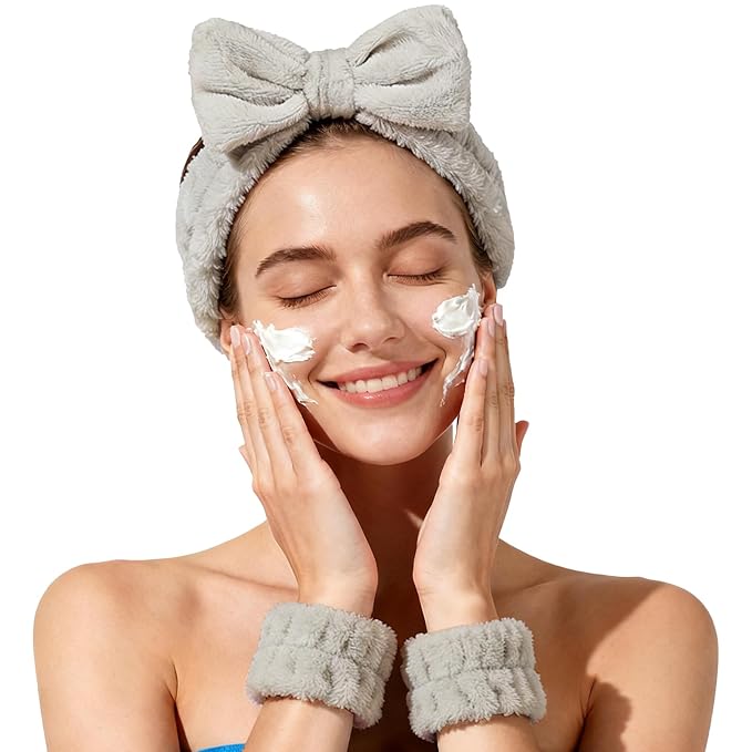 Fmeida Skincare Headband, Spa Headband and Wrist Bands for Washing Face Light Coffee