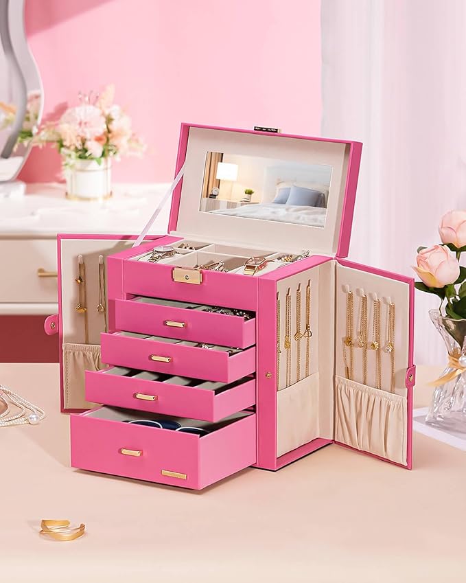 Homde Synthetic Leather Huge Jewelry Box Mirrored Watch Organizer Necklace Ring Earring Storage Lockable Gift Case (Pink + Gold)