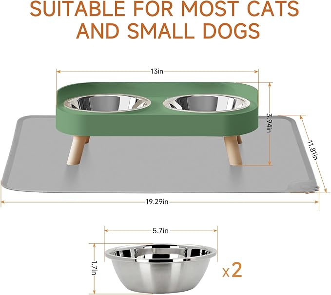 Elevated Cat Bowl with Food Mat, Raised Cat Food and Water Bowl Set for Indoor Cats, Splash Proof with 2 Stainless Steel Pet Food Bowls for Cats and Puppies,Whisker Fatigue and Dishwasher Safe (Green)