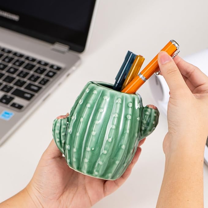 Ceramic Cactus Pen Holder Stand Cup Cactus Pencil Holder Organizer Makeup Brush Holders for Home Office Desk (Green Cactus)