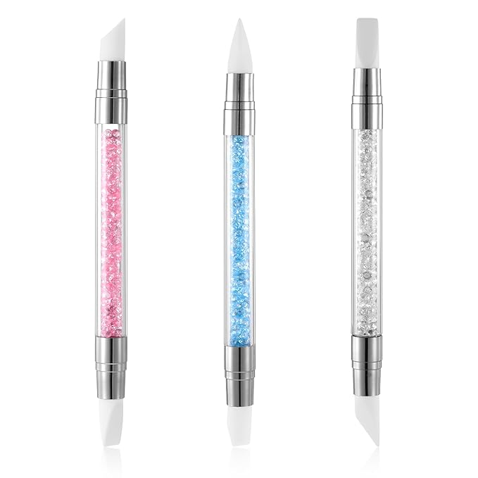 3 Pcs Nail Art Sculpture Pen, Dual Tipped Silicone Nail Tools, Silicone Head Acrylic Handle Nail Art Brushes, Rhinestone Nail Polish Carving Pen, Nail Art Tools for Home Salon(White, Pink, Blue)