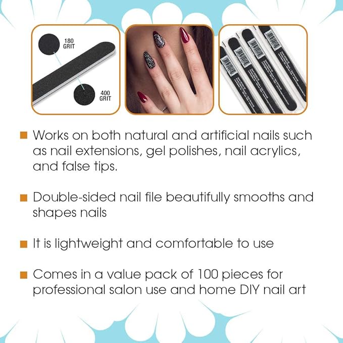 Flowery Disposable Nail File Cushion Core 180/400 Grit, Black, (Pack of 100)