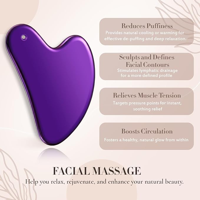 Nuanchu Stainless Steel Gua Sha Facial Tools Metal Guasha Tool for Face Body Jawline Shaper, Double Chin Reducer, Puffiness Reducing, Lymphatic Drainage Massager Skin Care Gift with Pouch(Purple)