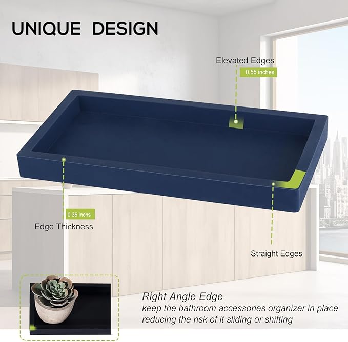 Small Silicone Bathroom Vanity Tray Rectangle Soap and Sponge Holder Kitchen Sink Organizer for Scrubber, Lotion Bottles, Perfume, Jewelry, Candle, Key Trinket Ring, Dark Blue