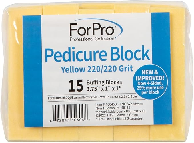 ForPro Professional Collection Yellow Pedicure Block, 220/220 Grit, Three-Sided Pedicure Nail Buffer, 3.75”L x 1”W x 1”H, Yellow, 15-Count (Pack of 4)