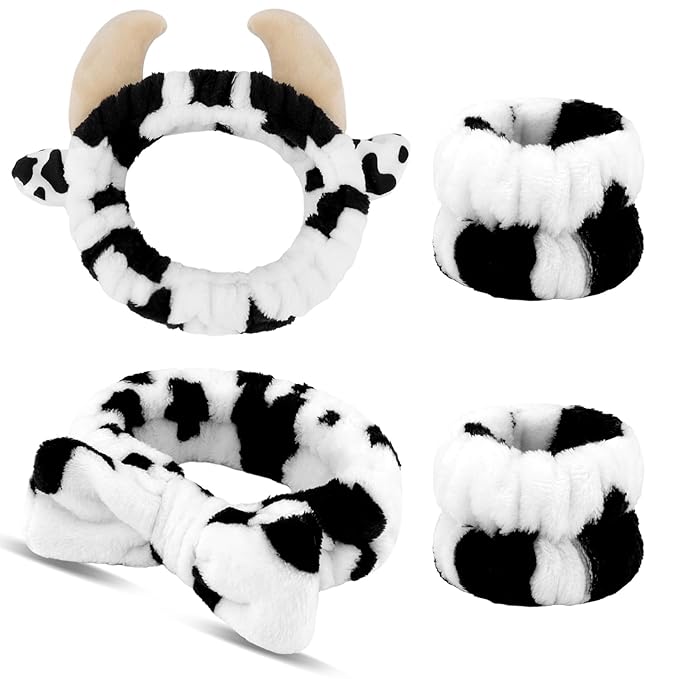 Canitor Cow Print Spa Headband and Wrist Bands Kit - Soft Makeup Headband Cute Cow Ears Skincare Set Gifts for Women Girls