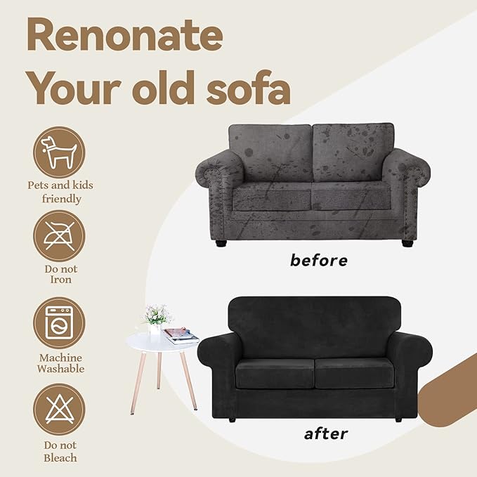 WEERRW Velvet Couch Covers for 2 Cushion Couch Sofa - High Stretch Luxury Velvet Plush 3 Pieces Sofa Slipcovers with Elastic Bottom, Furniture Protector for Pets, Machine Washable, Black, Medium