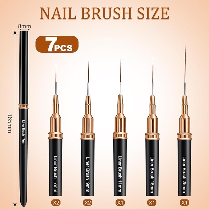 7PCS Metallic Nail Art Brushes Set, 7/9/11/15/25mm Liner Brush For Nails Gel, Super Fine Painting Art Design Pen for Long-Line Patterns, Detailed Outlines, Geometric Shapes (Black)