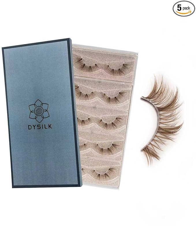 DYSILK Naked Strip Lashes 5 Pairs - 6D Natural Lashes Wispy Lashes Fake Eyelashes Lightweight Natural Look, Reusable & Portable, Invisiband for Comfort, Perfect for Everyday Wear | 14mm (Brown-02)