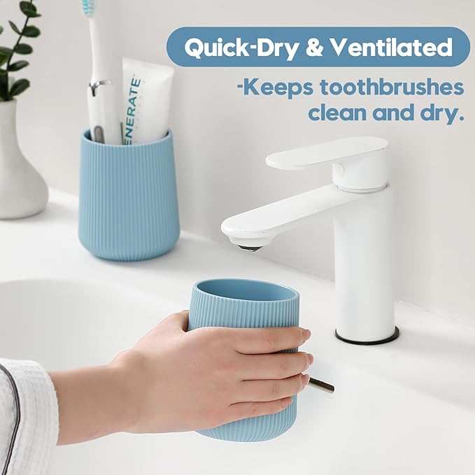 YAUKPH Light Blue Striped Toothbrush Holder for Electric Toothbrushes Bathroom Organizer Cup for Toothpaste Kids & Adults