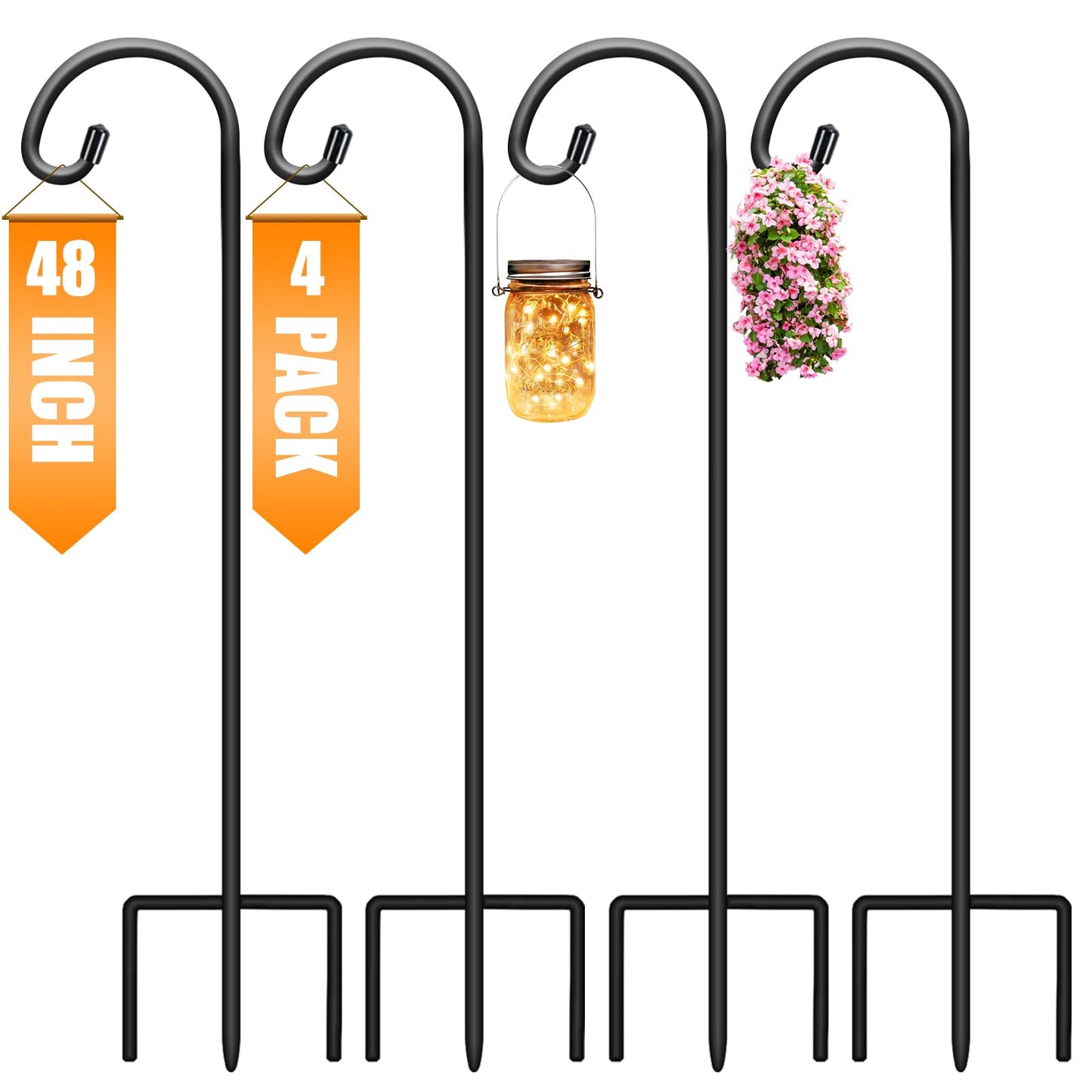 Gtongoko 48 Inch Shepherds Hooks for Outdoor 4 Pack Garden Hooks for Hanging Plants, Lanterns, Bird Feeders, Solar Lights, Mason Jars, Weddings Decor, Adjustable, Matte Black